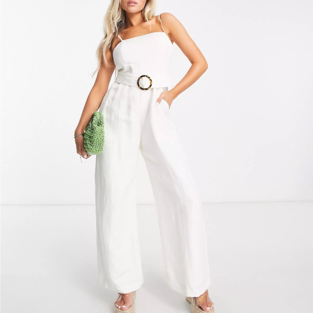 Ever New Petite buckle tie waist wide leg jumpsuit in white